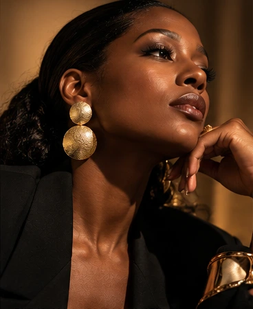 Black fashion editorial portrait with sculptural gold earrings